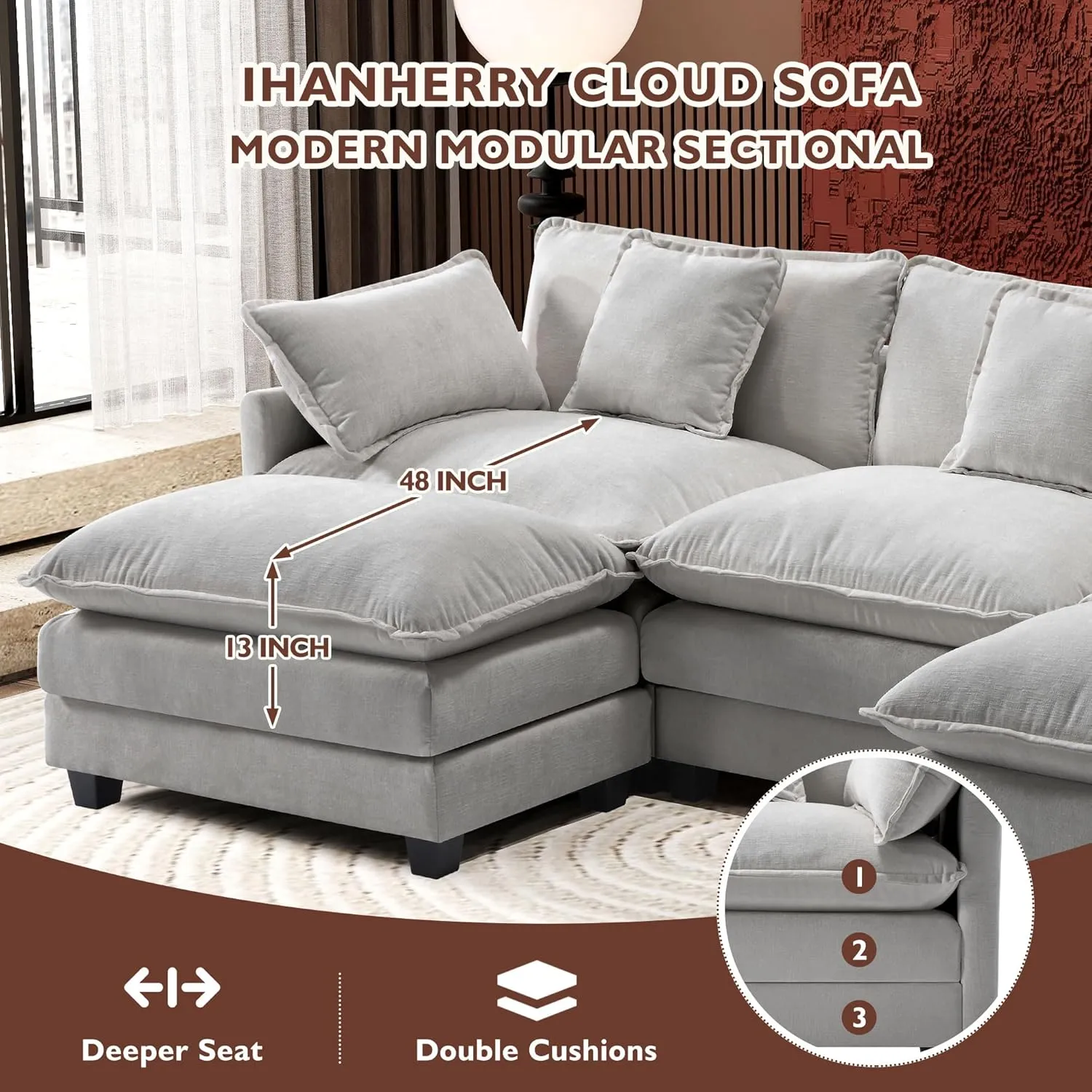 Ihanherry 111.4" U Shaped Modern Cloud Sofa Modular Sectional Couch with 2 Ottoman, 5-Seat Chenille Deep Seat Sofa with Pillow for Living Room, Bedroom and Apartment, Grey