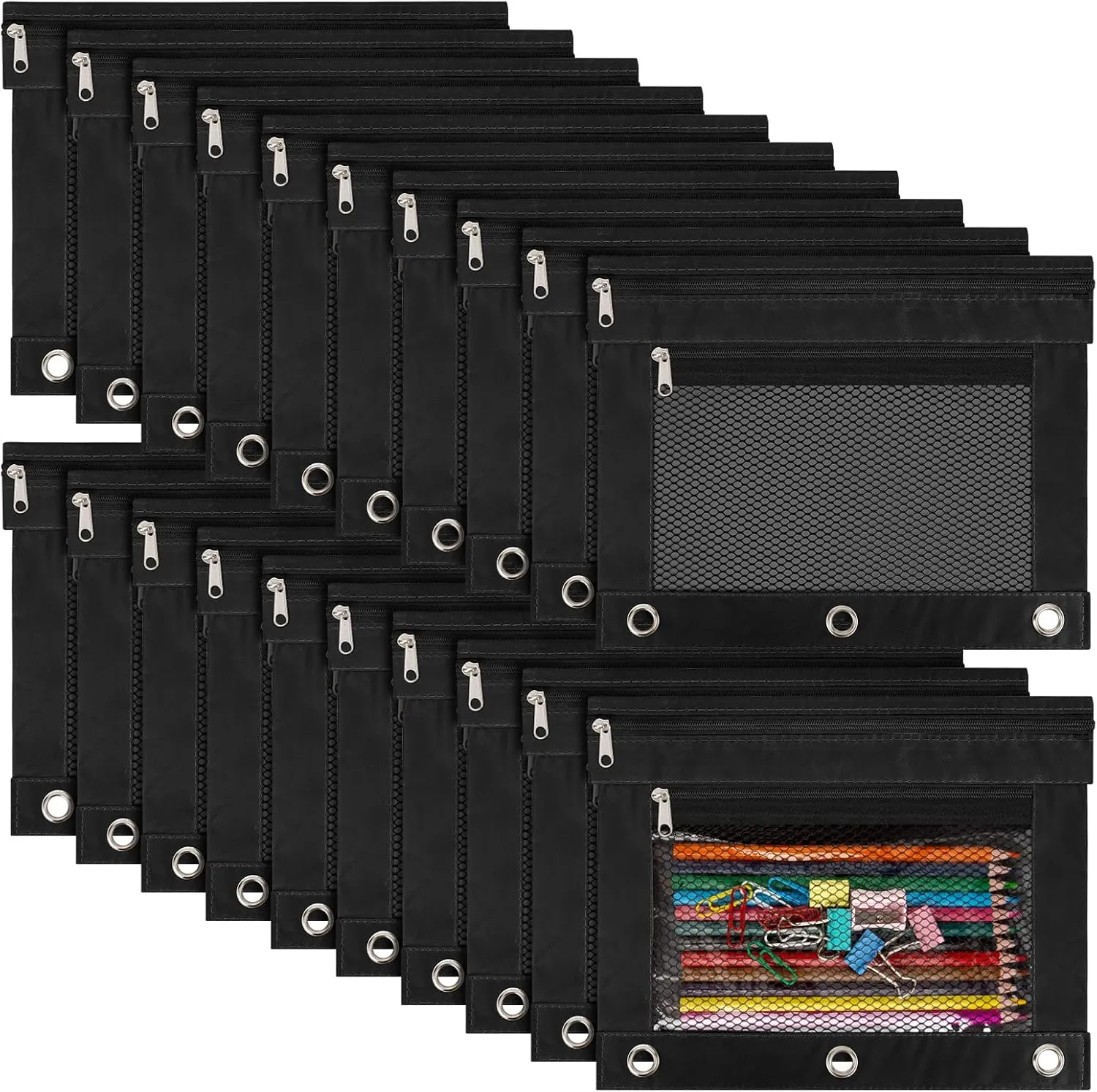 IKAYAS 20 Pack Black Pencil Pouch bulk 3 Ring Binder Pouch with Zipper, Pouch Bags for Classroom bulk Pencil Box Case for Storing School Students Teacher Supplies