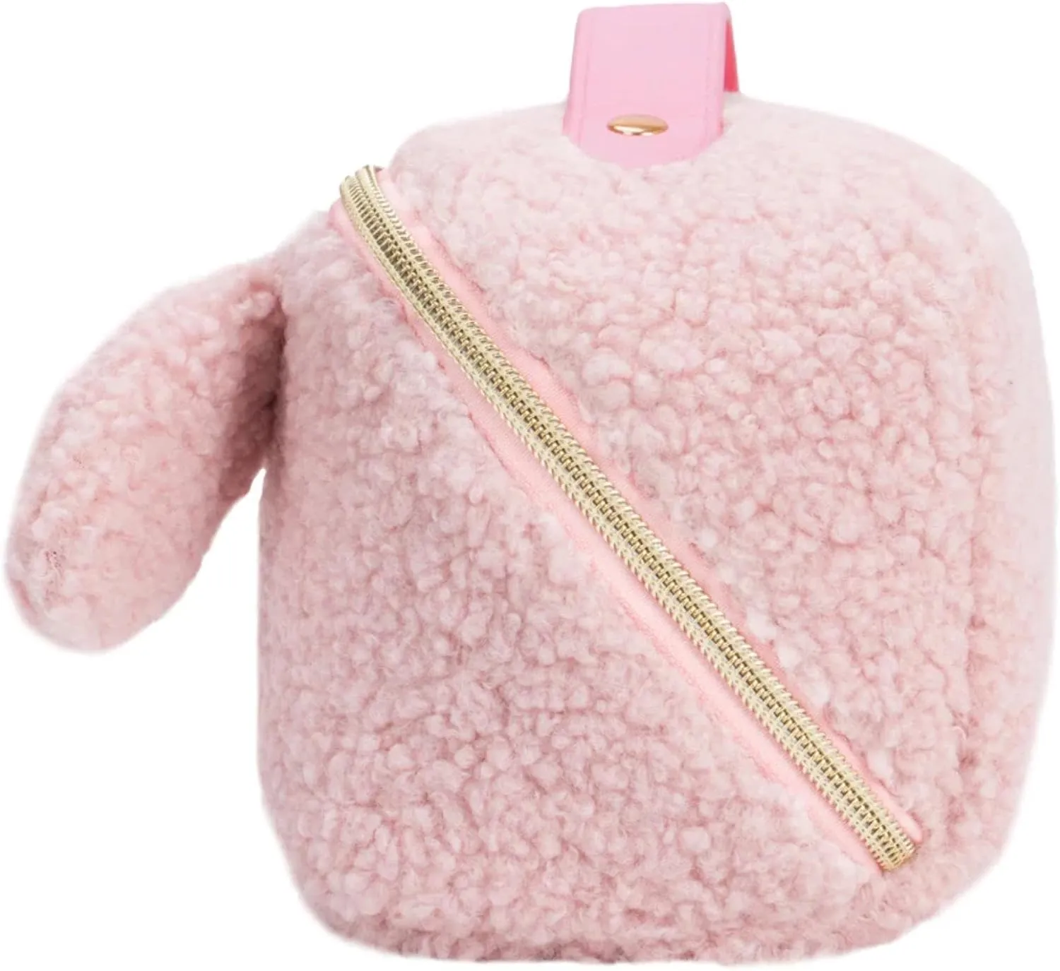 Impressions Vanity My Melody Unfold Travel Makeup Bag with Faux Sherpa Texture, Top Carry Handle, Three Inner Compartments, Melody Signature Golden Zippered Cosmetic Bag Organizer for Girls