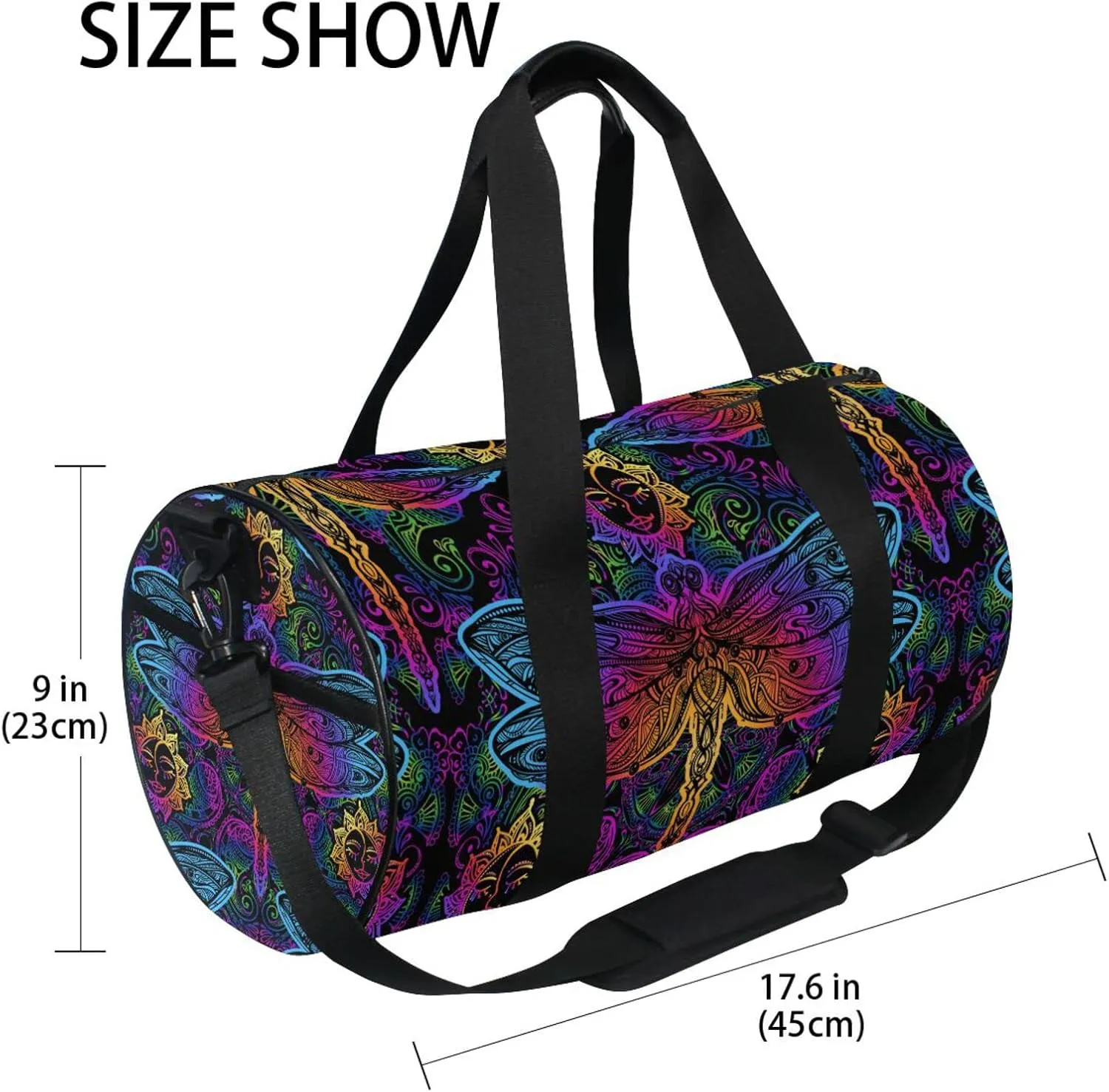 Indian Mandala Dragonfly Sun Flower Blue Pink Gradient on Black Duffel Bag, Foldable Canvas Travel Tote for Gym Sports with Inner Pockets, Durable Lightweight Fitness Bag for Overnight Workout