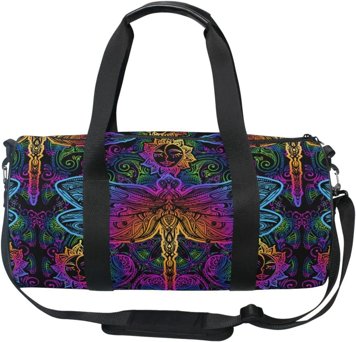 Indian Mandala Dragonfly Sun Flower Blue Pink Gradient on Black Duffel Bag, Foldable Canvas Travel Tote for Gym Sports with Inner Pockets, Durable Lightweight Fitness Bag for Overnight Workout