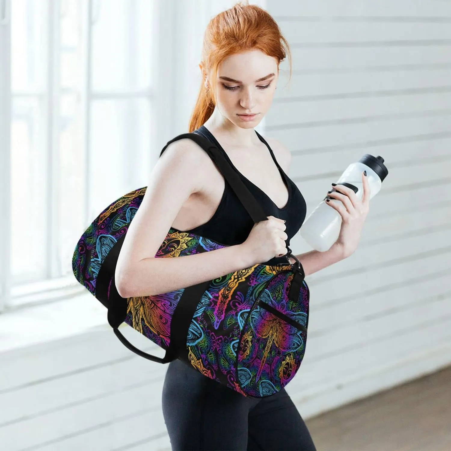 Indian Mandala Dragonfly Sun Flower Blue Pink Gradient on Black Duffel Bag, Foldable Canvas Travel Tote for Gym Sports with Inner Pockets, Durable Lightweight Fitness Bag for Overnight Workout
