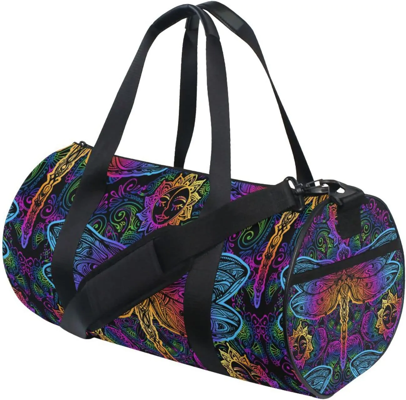 Indian Mandala Dragonfly Sun Flower Blue Pink Gradient on Black Duffel Bag, Foldable Canvas Travel Tote for Gym Sports with Inner Pockets, Durable Lightweight Fitness Bag for Overnight Workout