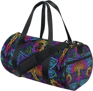 Indian Mandala Dragonfly Sun Flower Blue Pink Gradient on Black Duffel Bag, Foldable Canvas Travel Tote for Gym Sports with Inner Pockets, Durable Lightweight Fitness Bag for Overnight Workout