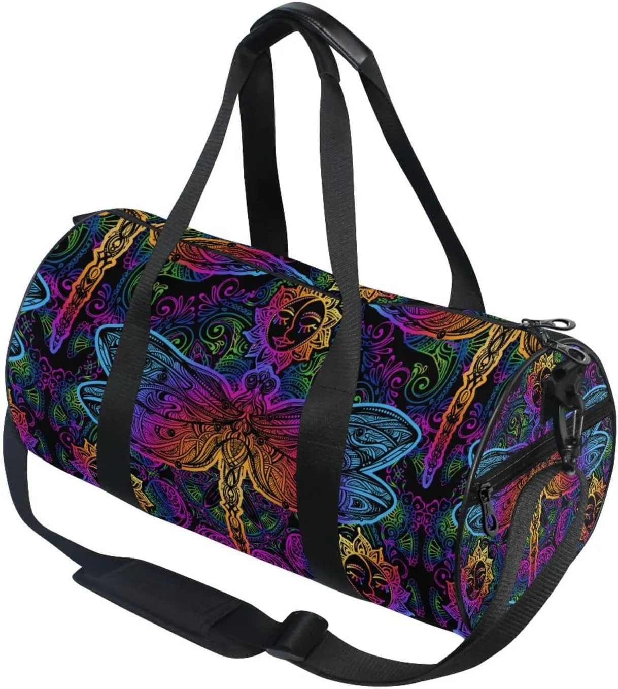 Indian Mandala Dragonfly Sun Flower Blue Pink Gradient on Black Duffel Bag, Foldable Canvas Travel Tote for Gym Sports with Inner Pockets, Durable Lightweight Fitness Bag for Overnight Workout