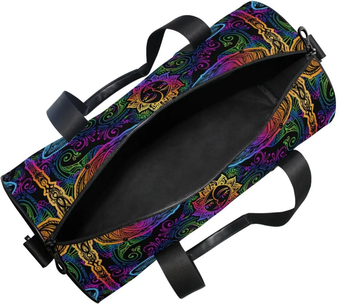 Indian Mandala Dragonfly Sun Flower Blue Pink Gradient on Black Duffel Bag, Foldable Canvas Travel Tote for Gym Sports with Inner Pockets, Durable Lightweight Fitness Bag for Overnight Workout