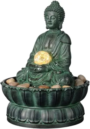 Indoor Tabletop Fountain Buddha Exquisite Sitting Meditation Statue, Desk-Top Water Fountain Decorative Zen Fountain w/Glass Rolling Ball/LED/Stone for Office/Home/feng Shui Decor 9.4"