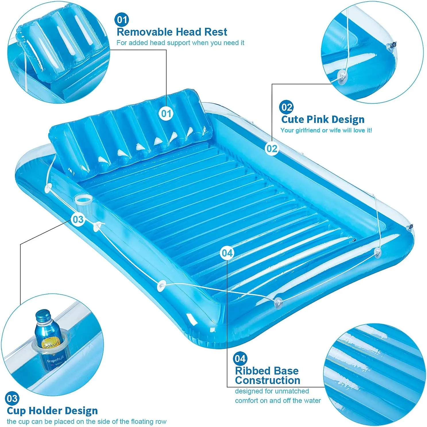 Inflatable Pool Floats Boat for Adults, Blow Up Tanning Pool Raft Sun Tan Tub with Inflatable Pillow for Family Outdoor, Garden, Backyard Summer Water Party (14  Year Old)