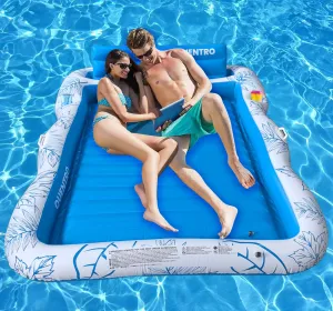 Inflatable Pool Floats for Adults – 87" x 65" Extra Large Tanning Pool Lounger with Pillow & Drink Holder – Sunbathing Floating Raft for Swimming, Beach, River & Lake – Sturdy PVC Water Lounge