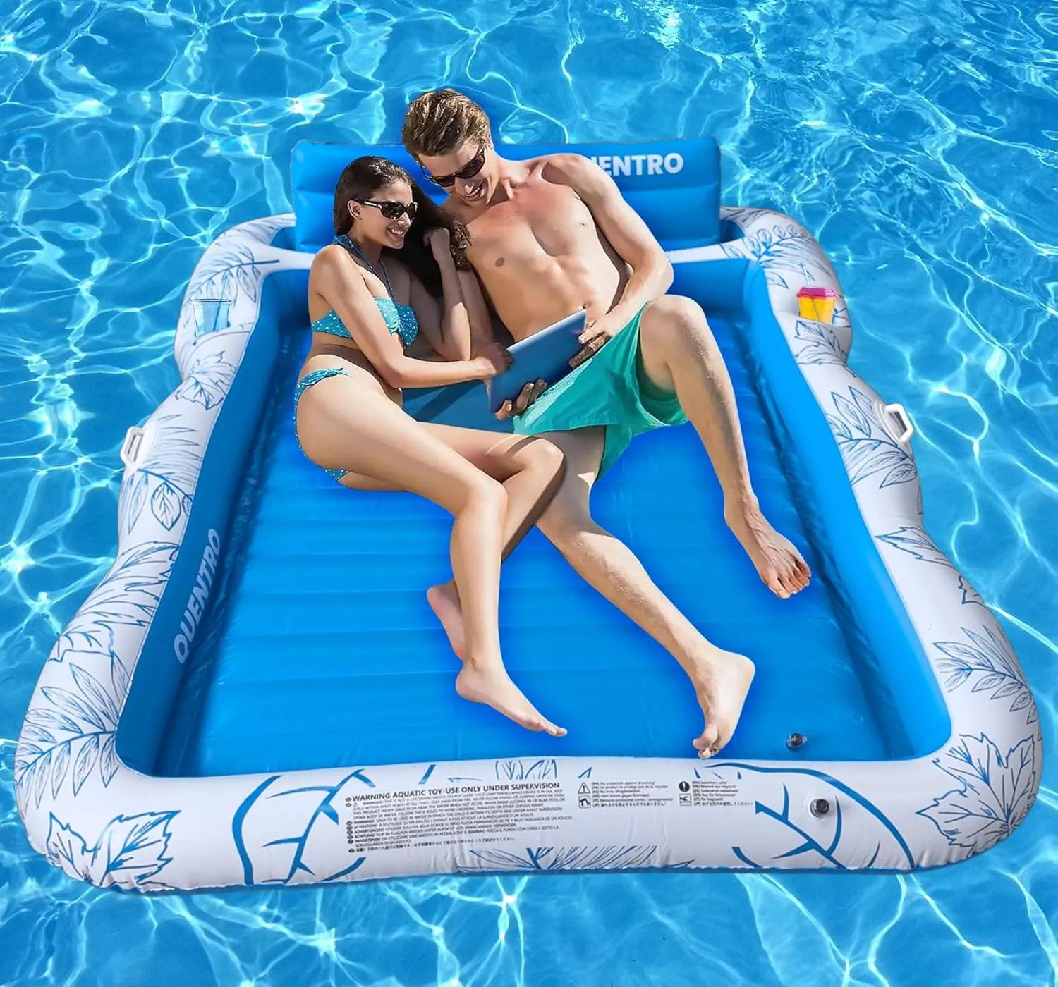 Inflatable Pool Floats for Adults – 87" x 65" Extra Large Tanning Pool Lounger with Pillow & Drink Holder – Sunbathing Floating Raft for Swimming, Beach, River & Lake – Sturdy PVC Water Lounge