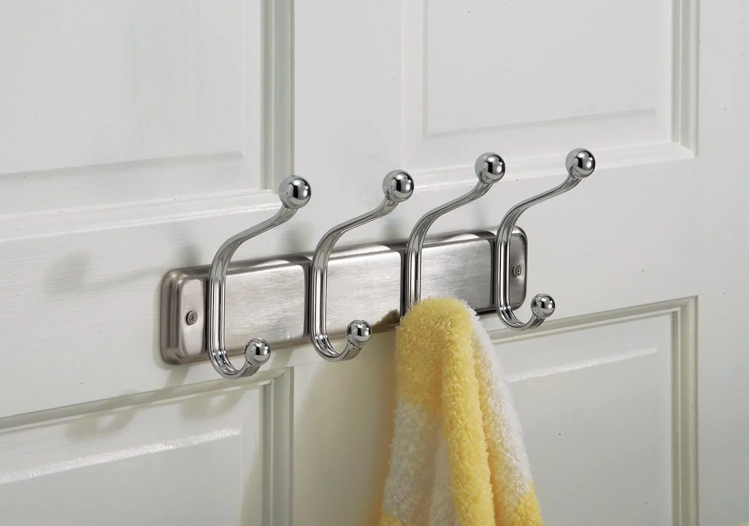 InterDesign York Lyra Wall Mount Storage Rack – Hanging Hooks for Jackets, Coats, Hats and Scarves - 4 Dual Hooks, Chrome