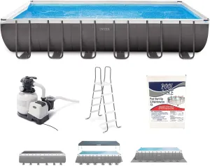 Intex 26363EH 24ft x 12ft x 52in Ultra XTR Frame Outdoor Above Ground Rectangular Swimming Pool Set with Sand Filter Pump, Ladder, Ground Cloth, Pool Cover, and Chemical Maintenance Kit