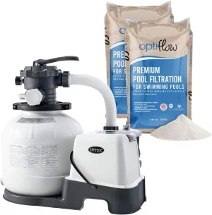 Intex 26675EG Krystal Clear 1600 GPH Sand Filter Pump for Above Ground Pools Bundled with OptiFlow 2 Pack Premium Pure Silica Filter Sand, 50 lb Bags