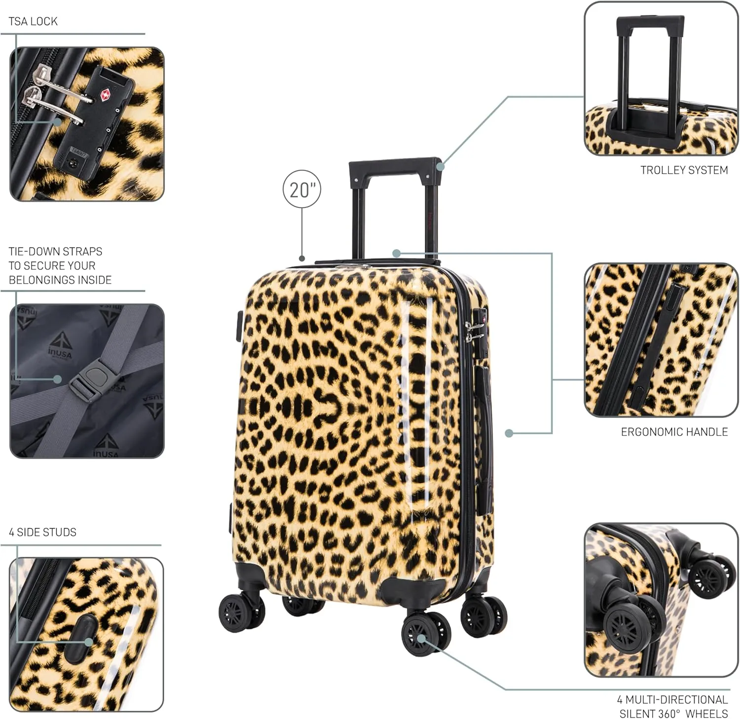 InUSA Cheetah Print Luggage with Spinner Wheels | Durable Lightweight Hardside Suitcase | Travel Bag with Handle and Trolley | 20-Inch Carry On Small Luggage