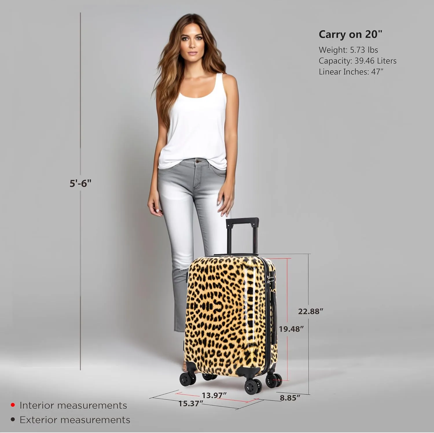 InUSA Cheetah Print Luggage with Spinner Wheels | Durable Lightweight Hardside Suitcase | Travel Bag with Handle and Trolley | 20-Inch Carry On Small Luggage