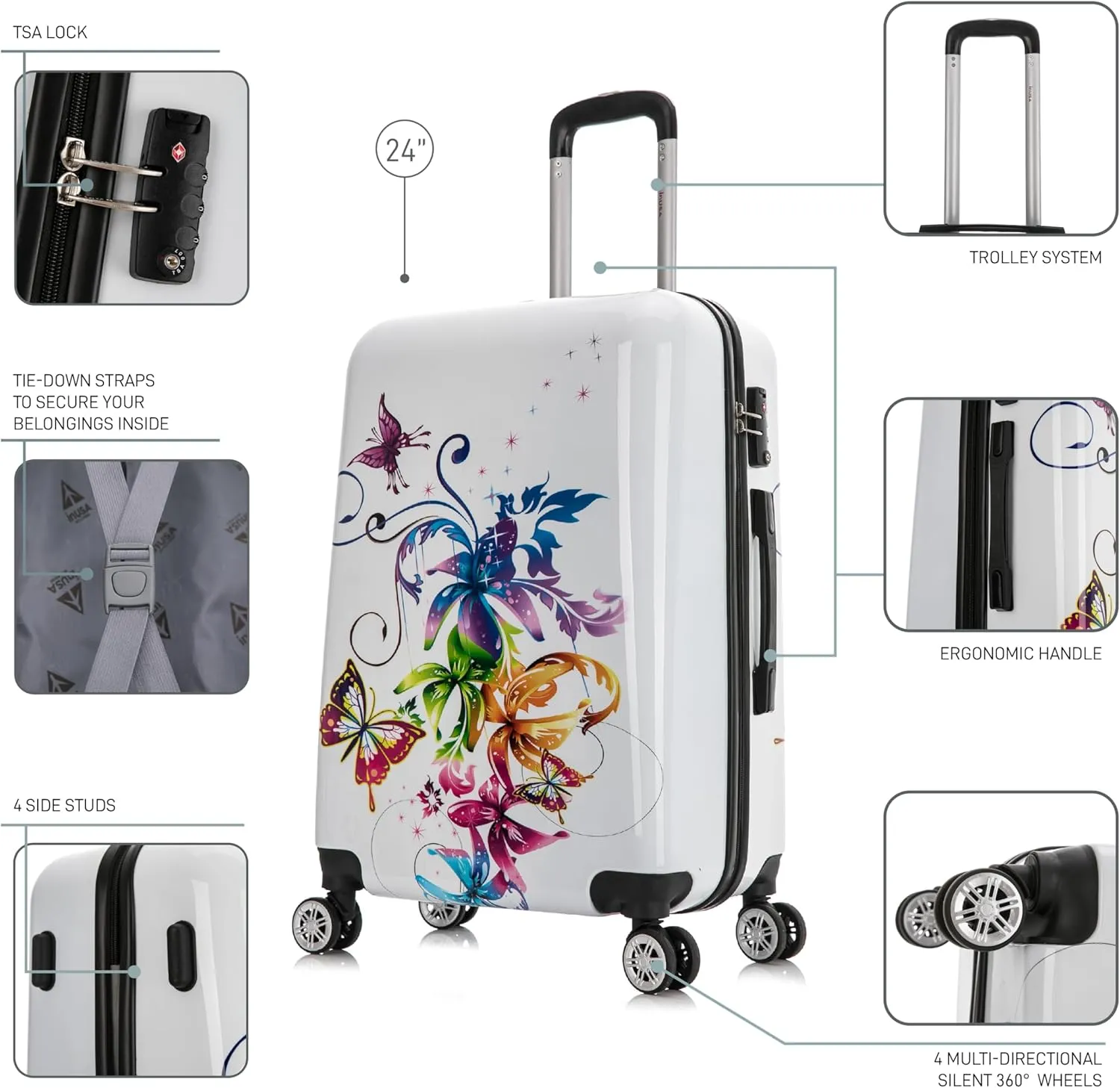InUSA Fusion Print Luggage with Spinner Wheels | Durable Lightweight Hardside Suitcase | Travel Bag with Handle and Trolley | 24-Inch Medium Checked luggage