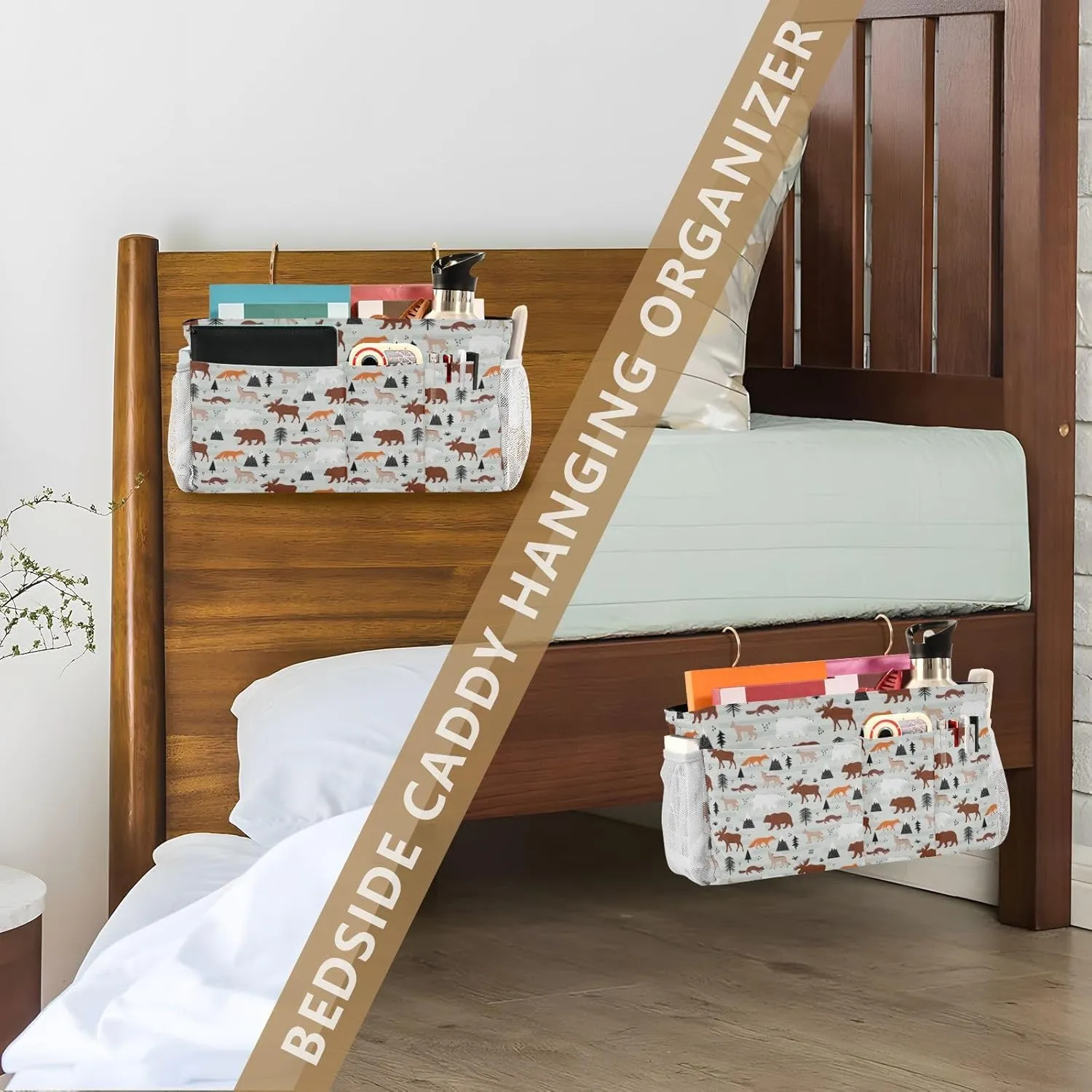 Iron Frame Hanging Storage Holder, Armchair Sofa Bag Bedside Caddy Insert Mattress Organizer Pocket for Remotes Phone Ostriches with Red Glasses Hairpins Lover is a Day Letterings