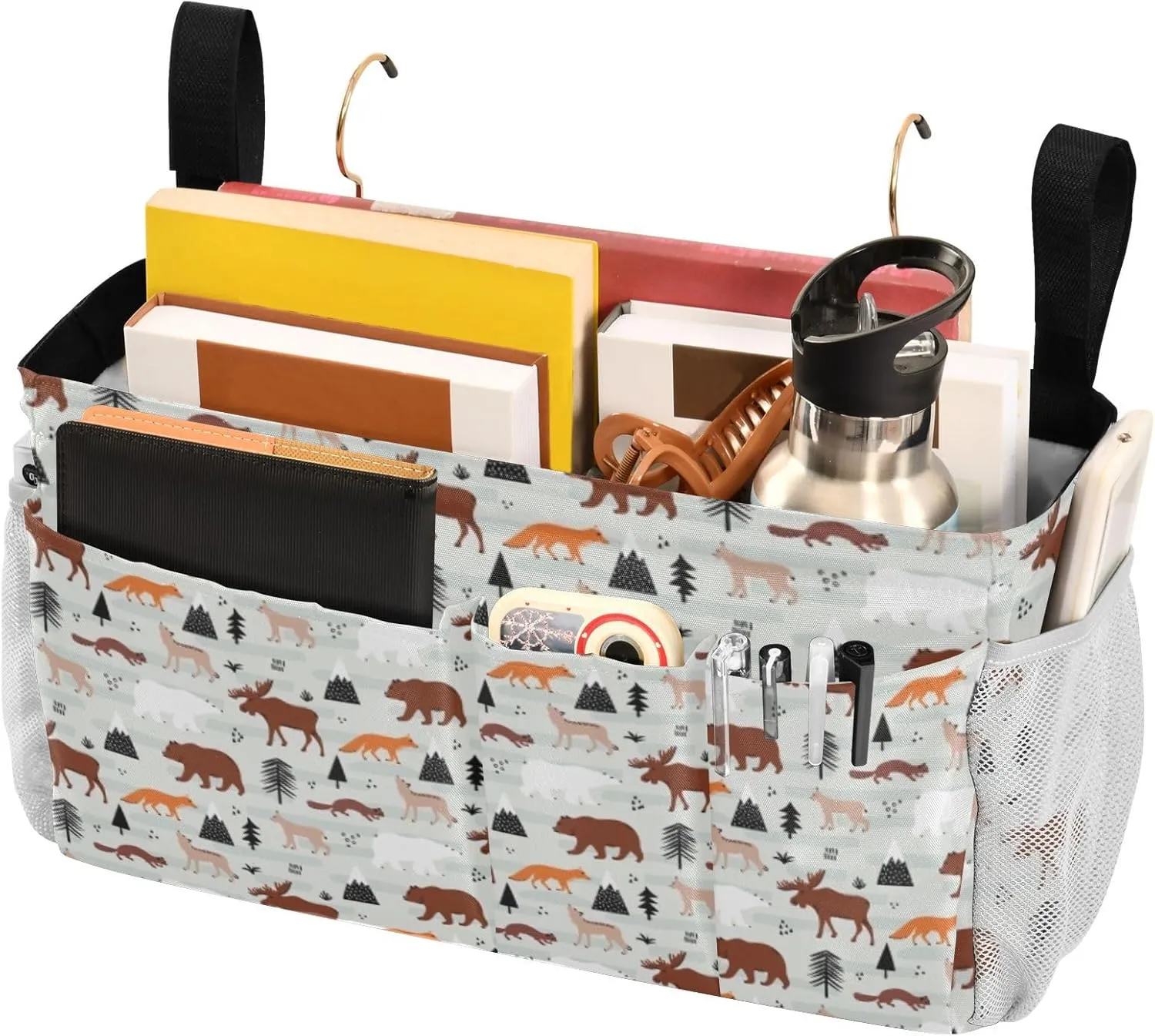 Iron Frame Hanging Storage Holder, Armchair Sofa Bag Bedside Caddy Insert Mattress Organizer Pocket for Remotes Phone Ostriches with Red Glasses Hairpins Lover is a Day Letterings