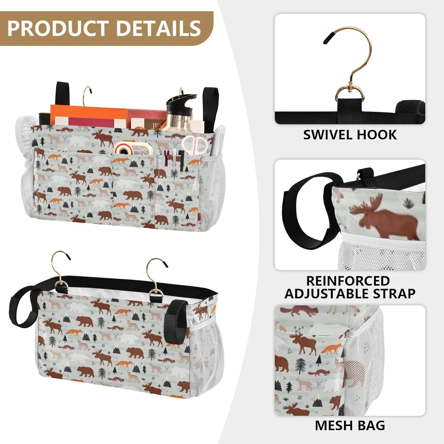 Iron Frame Hanging Storage Holder, Armchair Sofa Bag Bedside Caddy Insert Mattress Organizer Pocket for Remotes Phone Ostriches with Red Glasses Hairpins Lover is a Day Letterings