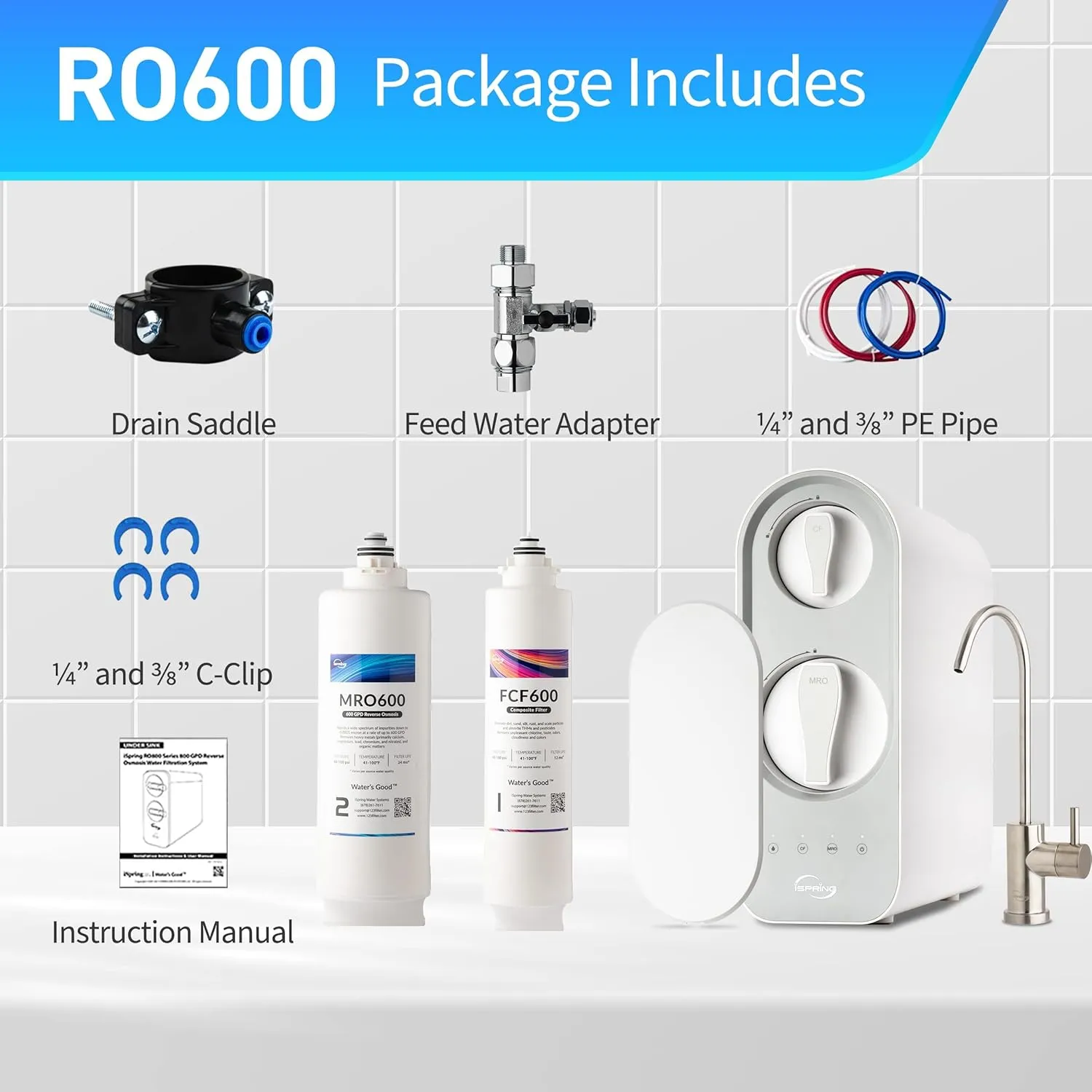 iSpring RO600BN Tankless Reverse Osmosis System Under Sink, 600 GPD Fast Flow RO System, 2.5:1 Pure to Drain Ratio RO Water Filter System, Brushed Nickel Faucet, White