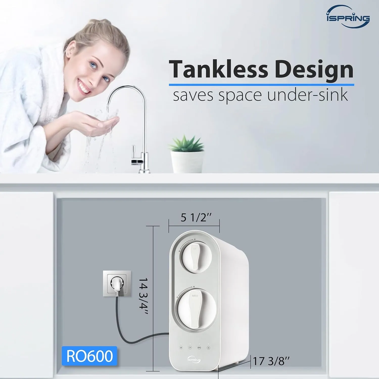 iSpring RO600BN Tankless Reverse Osmosis System Under Sink, 600 GPD Fast Flow RO System, 2.5:1 Pure to Drain Ratio RO Water Filter System, Brushed Nickel Faucet, White