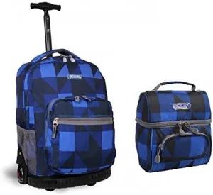 J World Combo Rolling Backpack & Lunch Bag Back to School Bundle Set Sunrise / Corey, Block Navy
