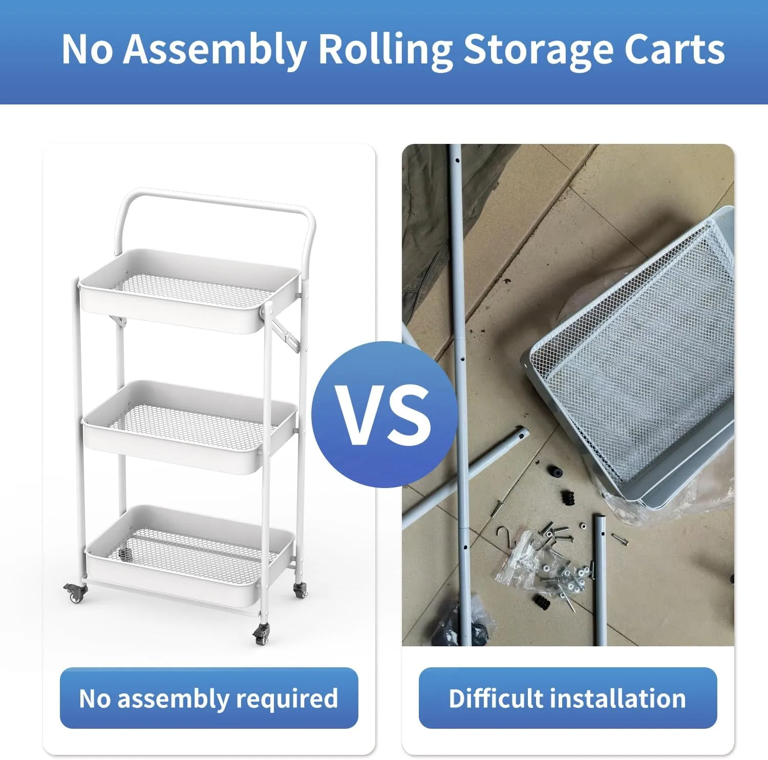 JAQ Foldable Rolling Cart, 3-Tier Metal Slim Folding Storage Utility Carts Basket Rack Organizer with Handle on Wheels for Snacks Books Fruits for Kitchen Living Room Bathroom - (White, 3-Layer)