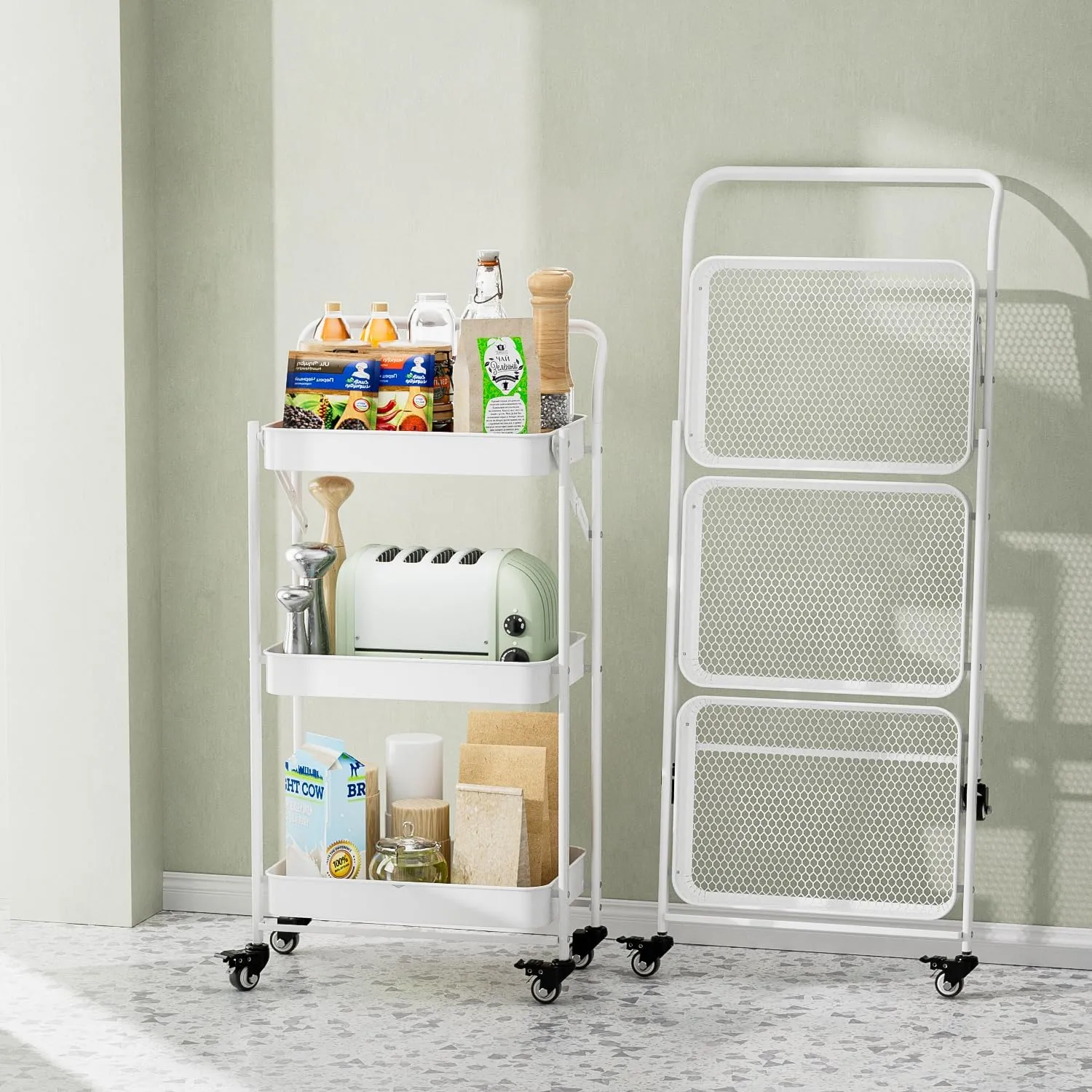 JAQ Foldable Rolling Cart, 3-Tier Metal Slim Folding Storage Utility Carts Basket Rack Organizer with Handle on Wheels for Snacks Books Fruits for Kitchen Living Room Bathroom - (White, 3-Layer)