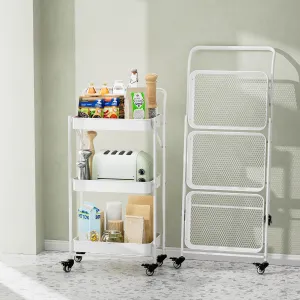 JAQ Foldable Rolling Cart, 3-Tier Metal Slim Folding Storage Utility Carts Basket Rack Organizer with Handle on Wheels for Snacks Books Fruits for Kitchen Living Room Bathroom - (White, 3-Layer)