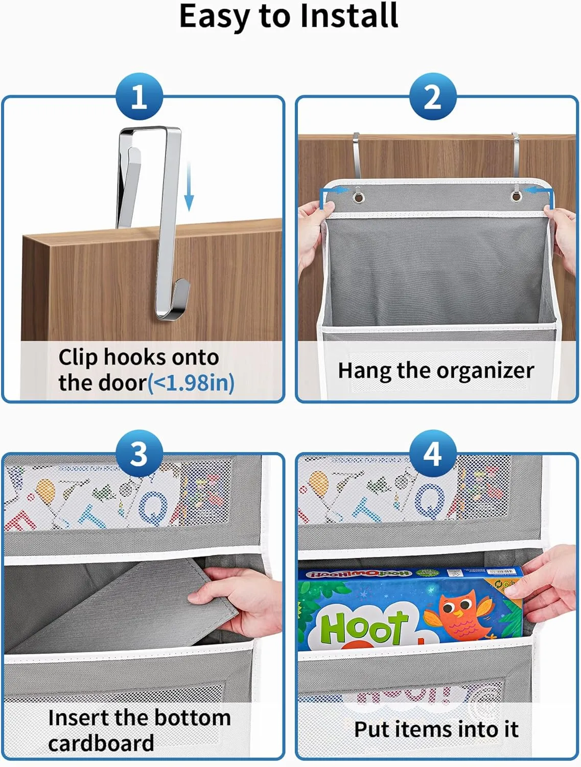 JARLINK 2 Pack Over the Door Organizer Storage, 5 Shelf Hanging Door Organizer with 5 Large Capacity Pockets, Anti Tilt 44 lb Load Behind Door Storage for Bedroom, Bathroom, Pantry, Nursery, (Grey)