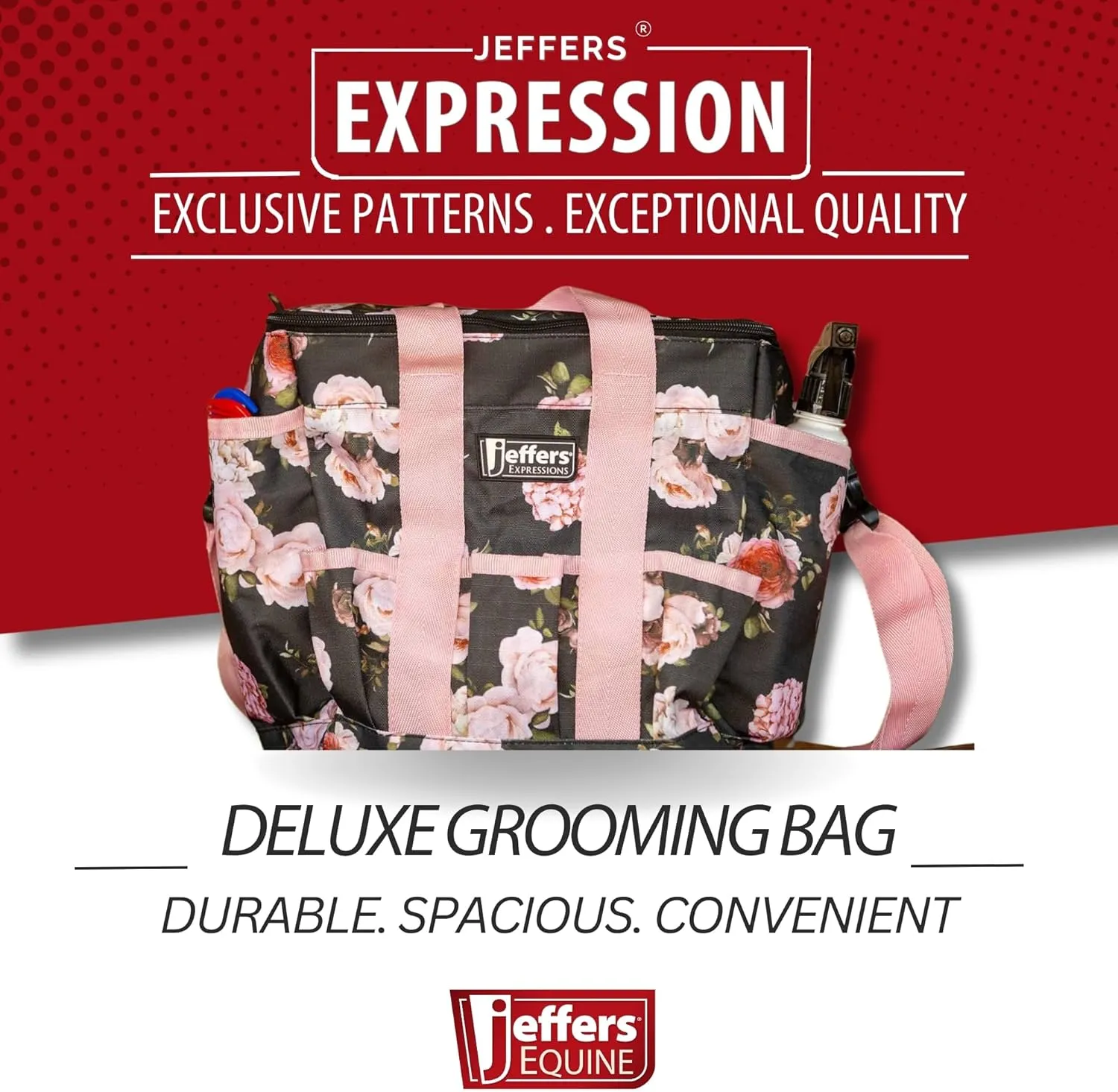 Jeffers Expression Deluxe Grooming Bag, Rose Garden – Zippered Top Organizer for Brushes, Spray, Hoof Picks, Tack & Accessories – Travel, Camping, Horse, Dog, Cat & Pet Grooming Tote