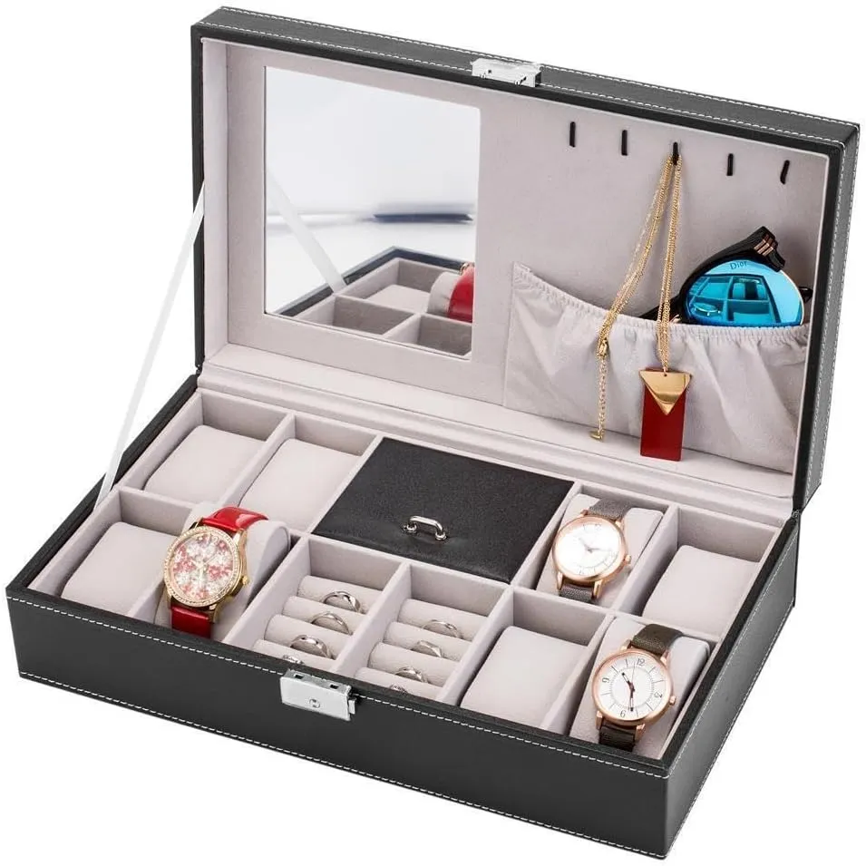 Jewelry Box w/Lock Mirror Watch Rings Organizer Storage Box Leather Portable