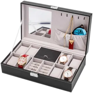 Jewelry Box w/Lock Mirror Watch Rings Organizer Storage Box Leather Portable