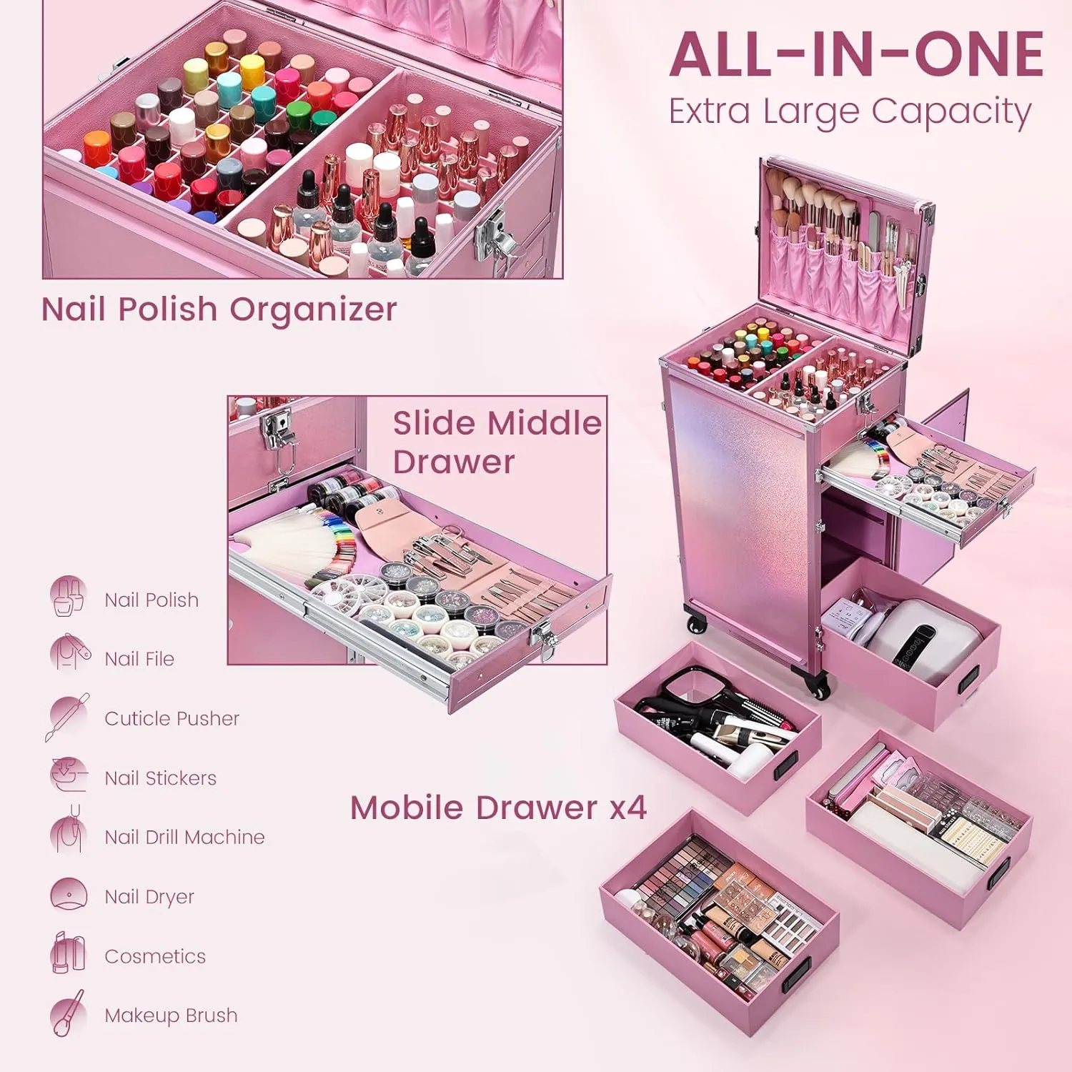 Joligrace Rolling Manicure Table 5 Drawers Foldable Nail Desk Cosmetology Case on Wheels Makeup Case with Brush Pouch for Technician Workstation Mobile Makeup Artist Trolley, Shiny Pink