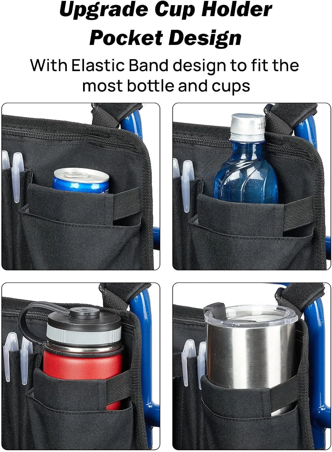 JOYTUTUS Wheelchair Side Bag, Upgraded Walker Pouch Bag with Cup Holder, Wheelchair Armrest Accessories for Walker, Rollator, Electric Scooter Wheelchairs, Ideal Gift for Seniors, Black