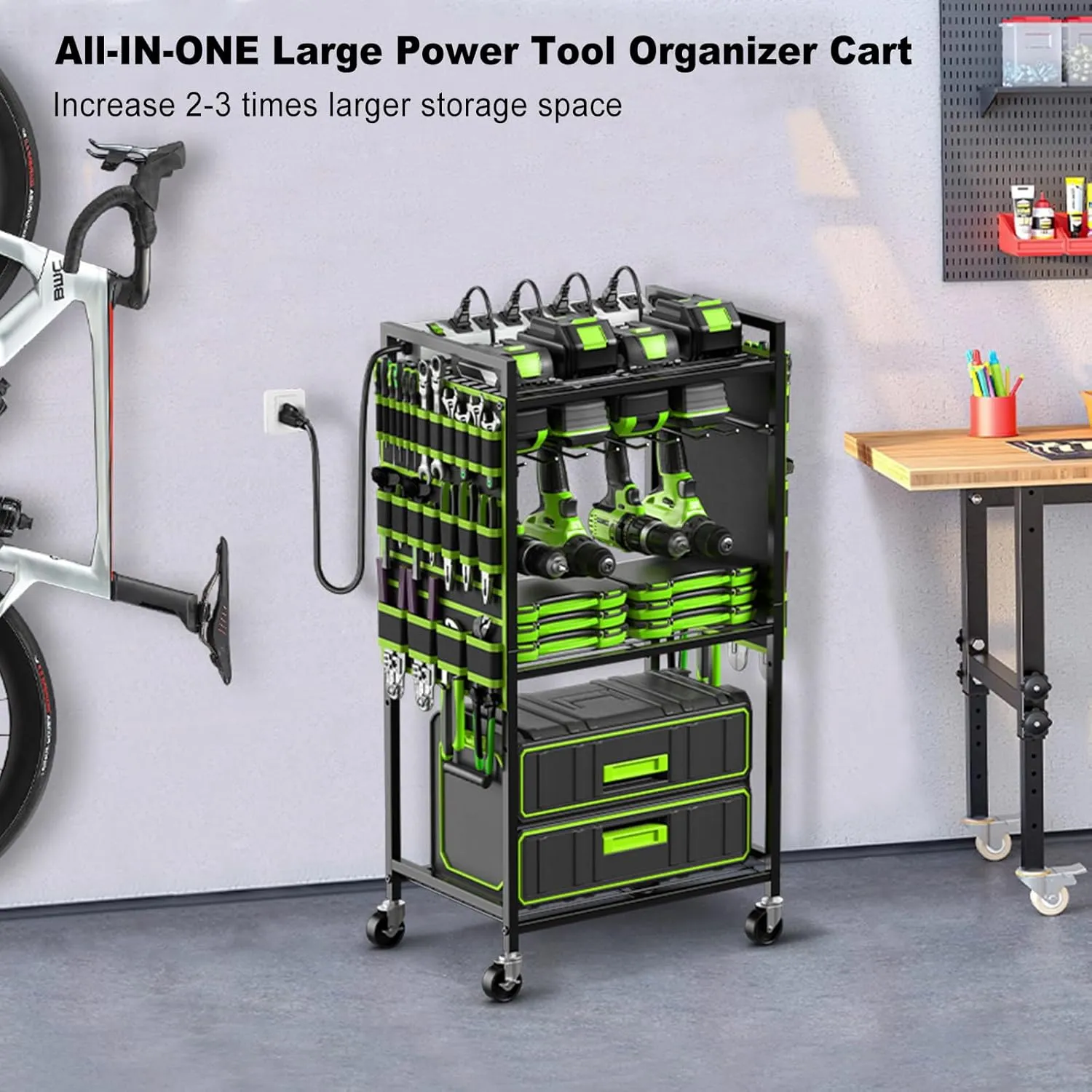 JUNNUJ Large Power Tool Organizer Cart with Charging Station, Garage Floor Standing Rolling Drill and Tools Battery Storage Cart on Wheels, Heavy Duty Rack Shelf with 8 Outlet 10 FT Power Strip, Green
