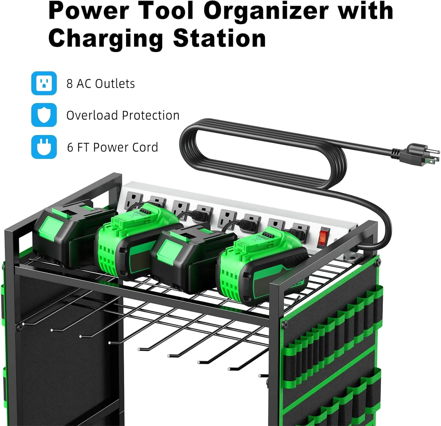 JUNNUJ Large Power Tool Organizer Cart with Charging Station, Garage Floor Standing Rolling Drill and Tools Battery Storage Cart on Wheels, Heavy Duty Rack Shelf with 8 Outlet 10 FT Power Strip, Green
