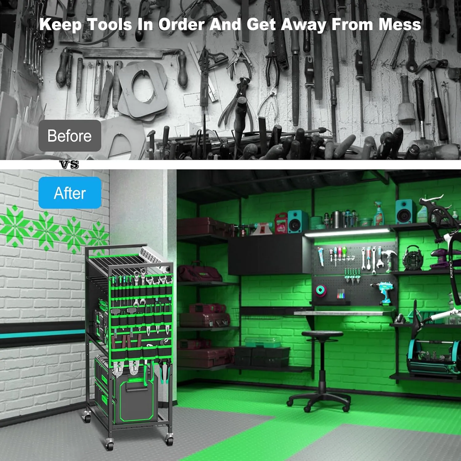 JUNNUJ Large Power Tool Organizer Cart with Charging Station, Garage Floor Standing Rolling Drill and Tools Battery Storage Cart on Wheels, Heavy Duty Rack Shelf with 8 Outlet 10 FT Power Strip, Green