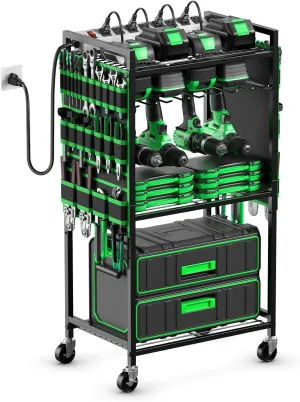 JUNNUJ Large Power Tool Organizer Cart with Charging Station, Garage Floor Standing Rolling Drill and Tools Battery Storage Cart on Wheels, Heavy Duty Rack Shelf with 8 Outlet 10 FT Power Strip, Green