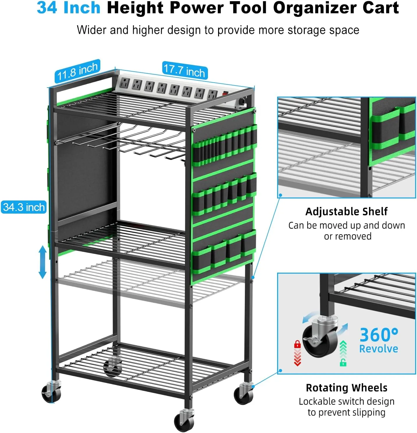 JUNNUJ Large Power Tool Organizer Cart with Charging Station, Garage Floor Standing Rolling Drill and Tools Battery Storage Cart on Wheels, Heavy Duty Rack Shelf with 8 Outlet 10 FT Power Strip, Green