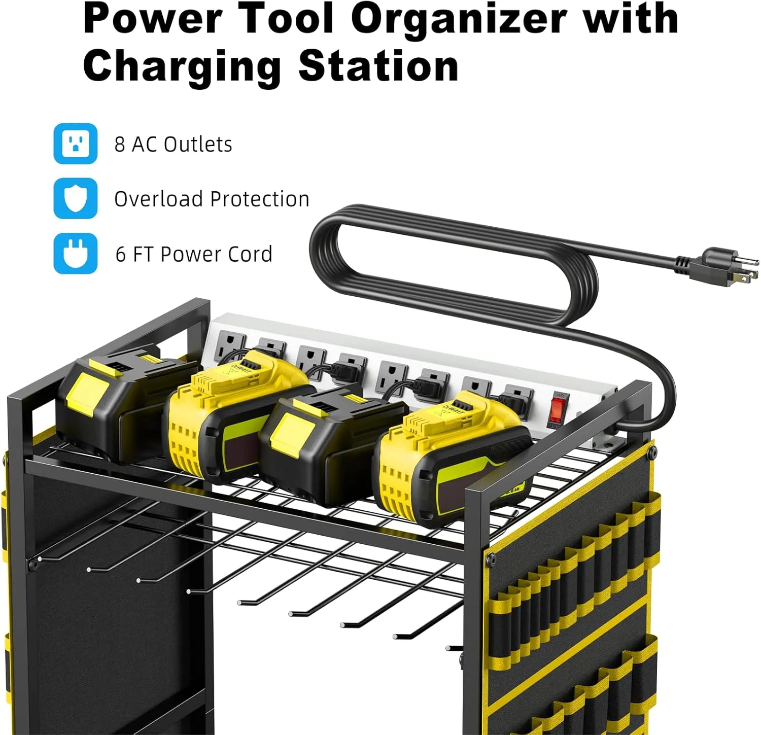 JUNNUJ Large Power Tool Organizer Cart with Charging Station, Garage Floor Standing Rolling Drill and Tools Battery Storage Cart on Wheels, Heavy Duty Rack with 8 Outlet 10 FT Power Strip, Yellow