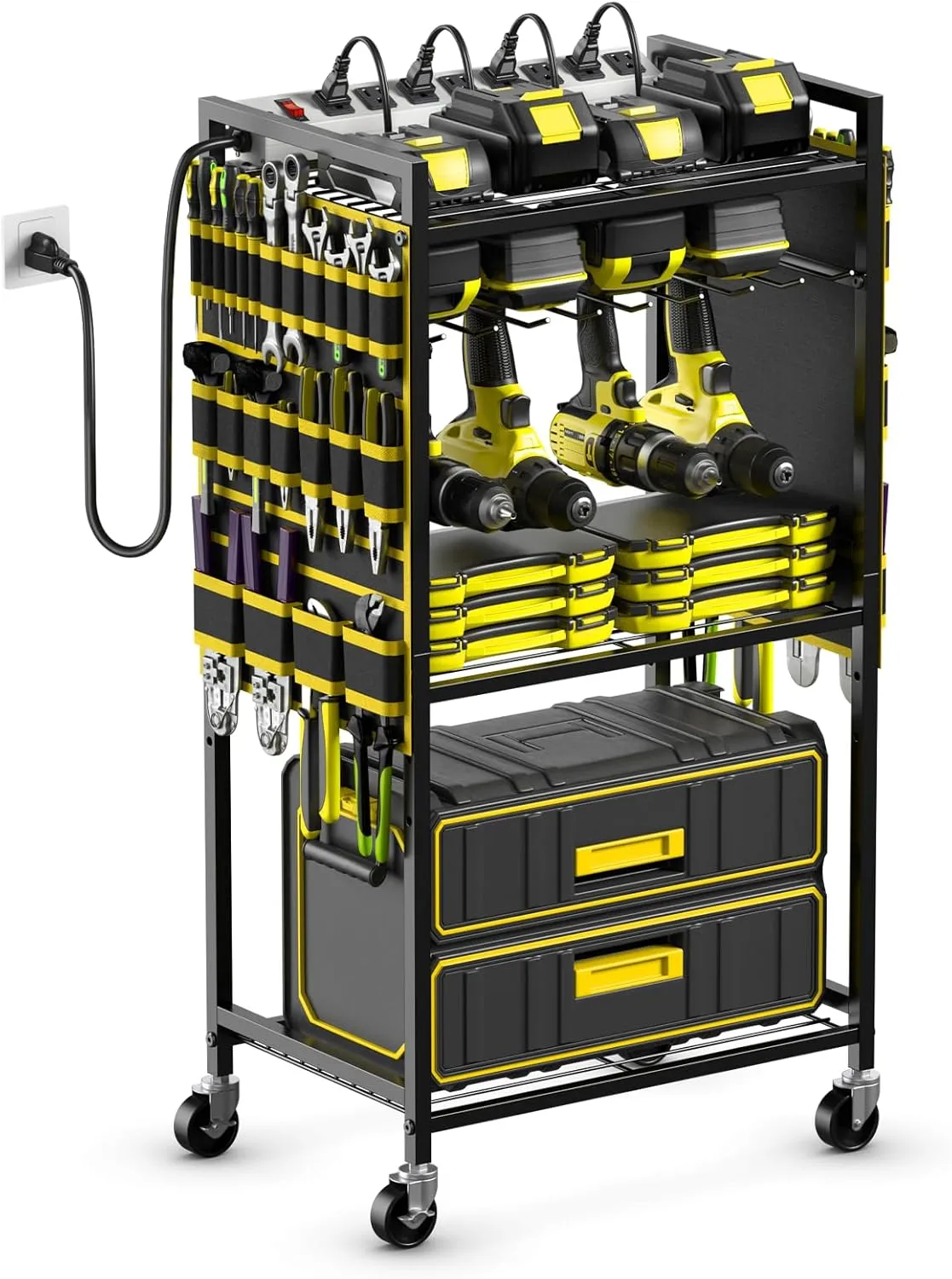 JUNNUJ Large Power Tool Organizer Cart with Charging Station, Garage Floor Standing Rolling Drill and Tools Battery Storage Cart on Wheels, Heavy Duty Rack with 8 Outlet 10 FT Power Strip, Yellow