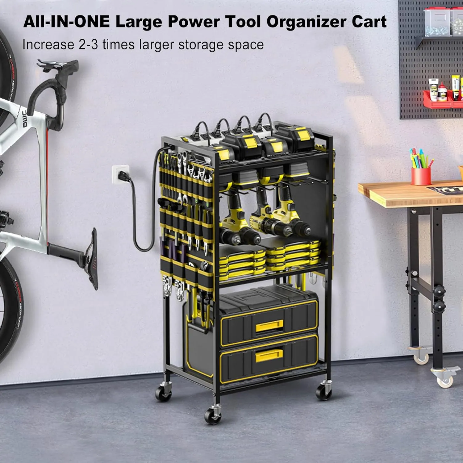 JUNNUJ Large Power Tool Organizer Cart with Charging Station, Garage Floor Standing Rolling Drill and Tools Battery Storage Cart on Wheels, Heavy Duty Rack with 8 Outlet 10 FT Power Strip, Yellow