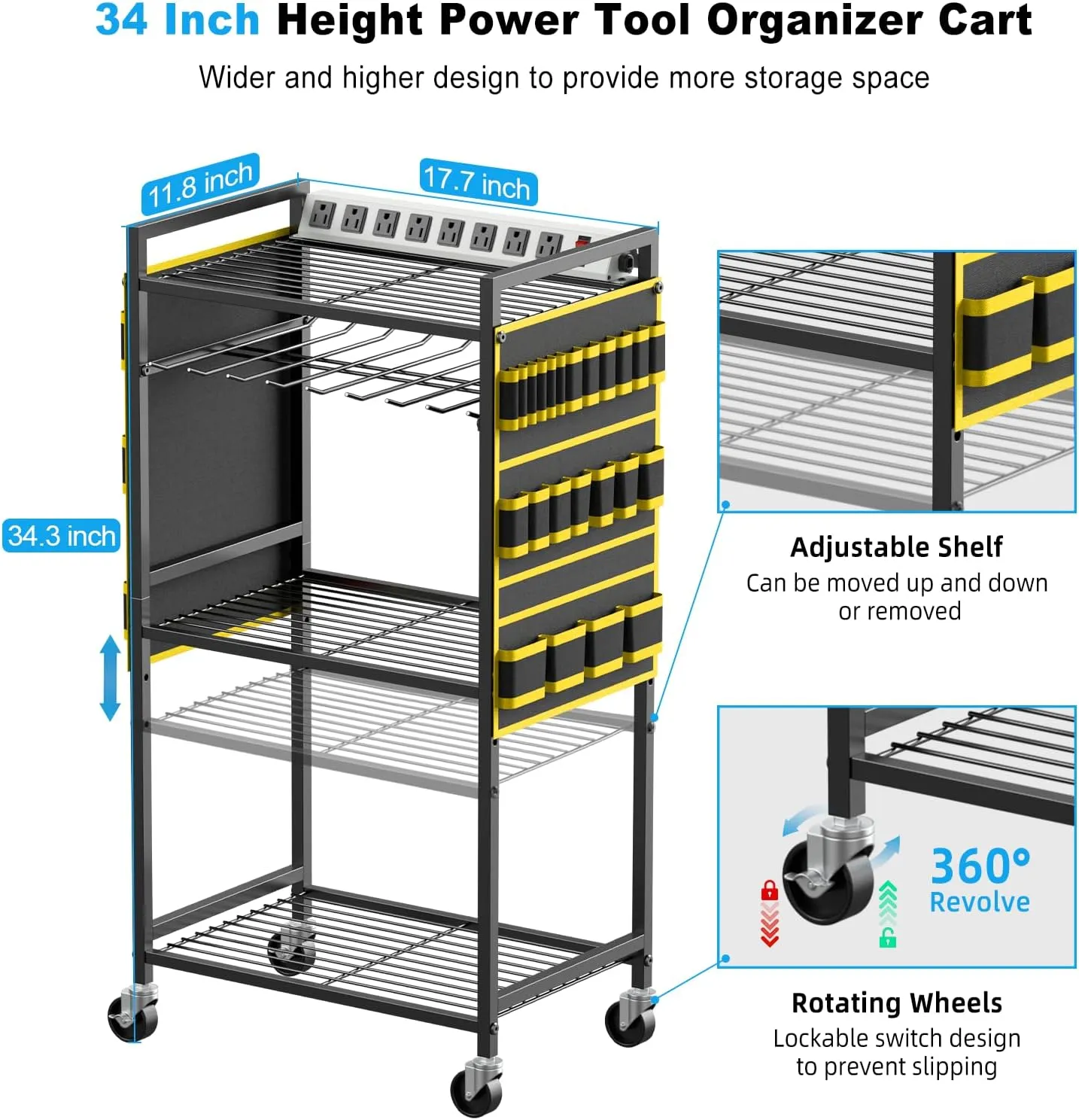 JUNNUJ Large Power Tool Organizer Cart with Charging Station, Garage Floor Standing Rolling Drill and Tools Battery Storage Cart on Wheels, Heavy Duty Rack with 8 Outlet 10 FT Power Strip, Yellow