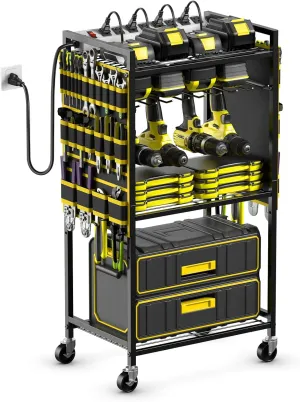 JUNNUJ Large Power Tool Organizer Cart with Charging Station, Garage Floor Standing Rolling Drill and Tools Battery Storage Cart on Wheels, Heavy Duty Rack with 8 Outlet 10 FT Power Strip, Yellow