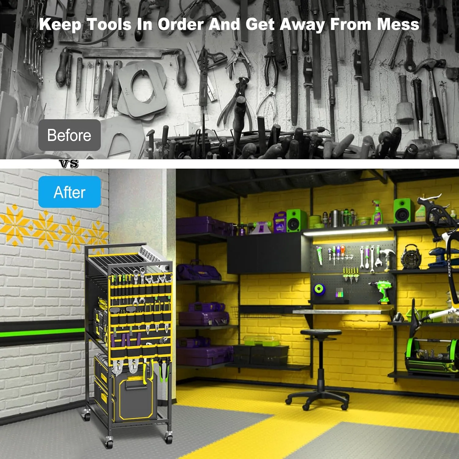 JUNNUJ Large Power Tool Organizer Cart with Charging Station, Garage Floor Standing Rolling Drill and Tools Battery Storage Cart on Wheels, Heavy Duty Rack with 8 Outlet 10 FT Power Strip, Yellow