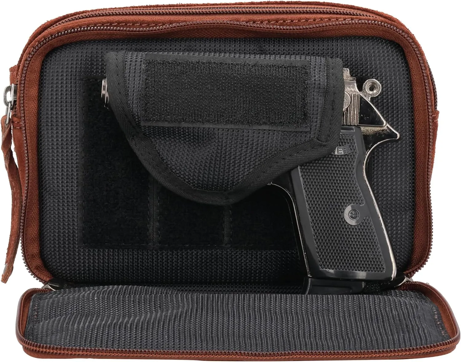 Kailey Concealed Self Defence Waist Bag by Lady Conceal - Buffalo or Suede Cowhide Leather, 3 Open Sides and Locking Zippers with Universal Holster (Dark Brown) - 8" L x 5.5" H x 2.25"