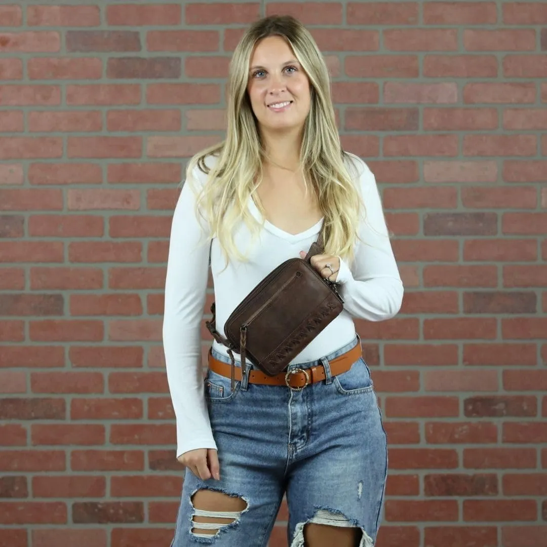 Kailey Concealed Self Defence Waist Bag by Lady Conceal - Buffalo or Suede Cowhide Leather, 3 Open Sides and Locking Zippers with Universal Holster (Mahogany) - 8" L x 5.5" H x 2.25"