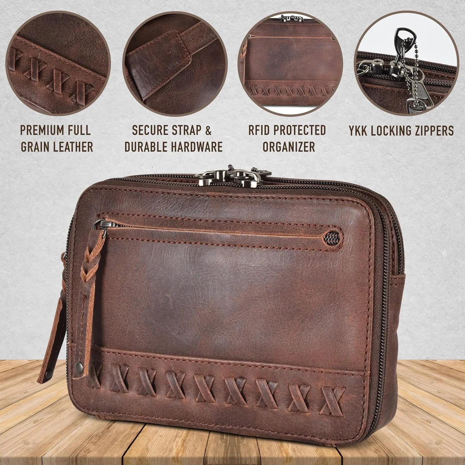 Kailey Concealed Self Defence Waist Bag by Lady Conceal - Buffalo or Suede Cowhide Leather, 3 Open Sides and Locking Zippers with Universal Holster (Mahogany) - 8" L x 5.5" H x 2.25"