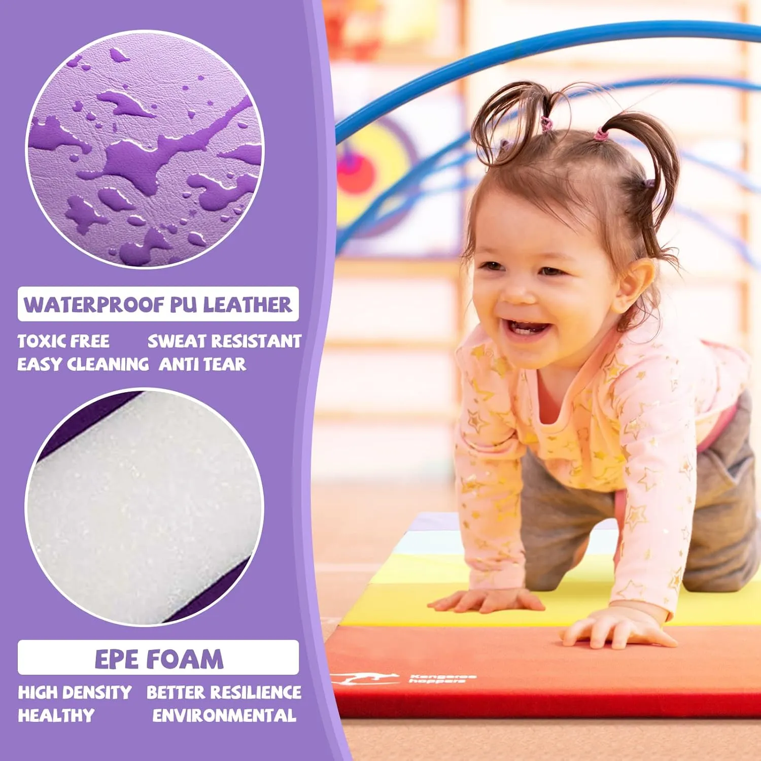 Kangaroo Hoppers Gymnastics Tumbling Mats for Kids, Foldable Gym Mat with Carrying Handles for Home Activity Play